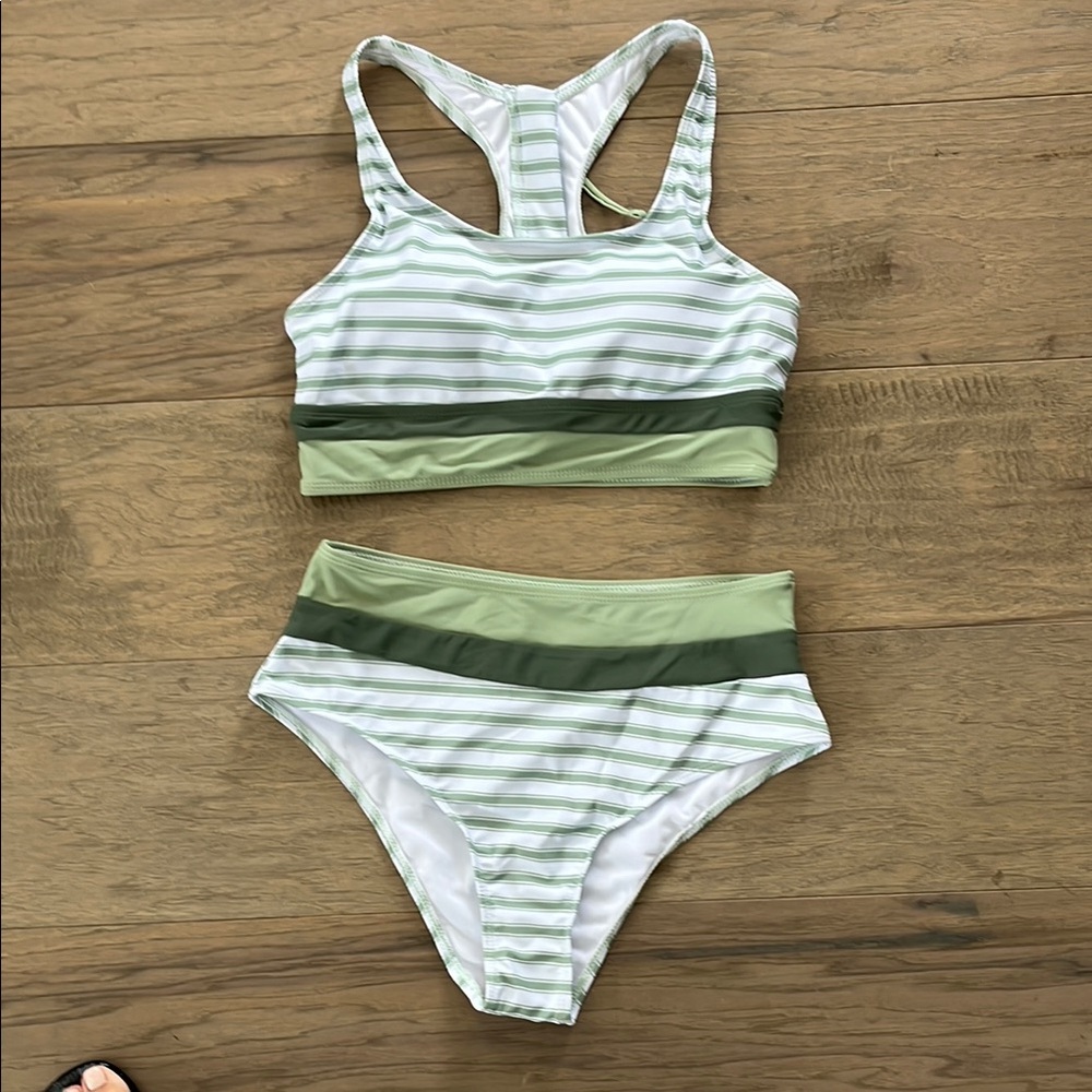 Striped Green and White Bikini Set